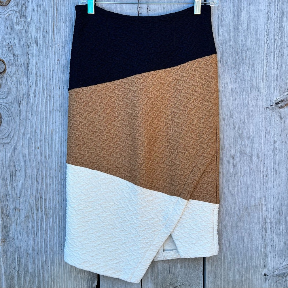 HD in Paris color block thick body con faux wrap stretchy midi skirt